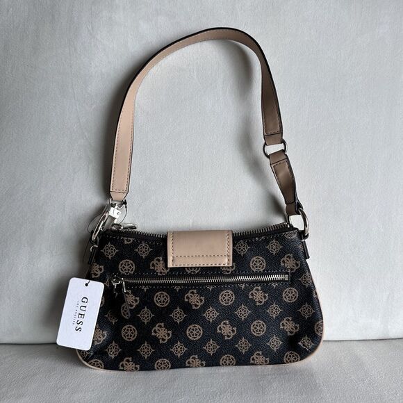 GUESS Women's Greta Brown Logo Print Small Hobo Shoulder Baguette Handbag NWT - Picture 2 of 8